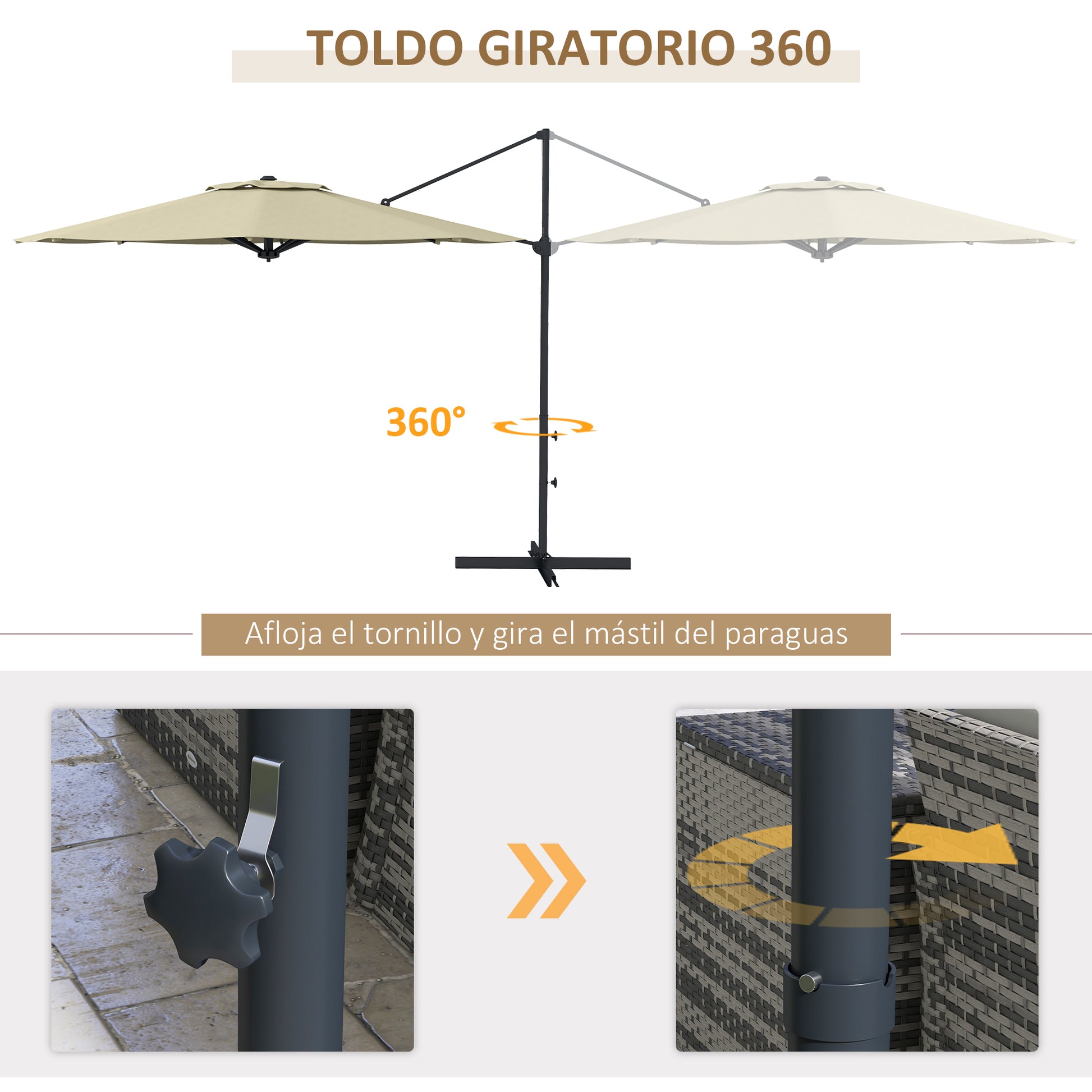 Garden Parasol Ø294x242 cm Terrace Umbrella with Adjustable Height 360° Rotating Post Adjustable Roof Angle and Top Ventilation for Patio Pool Cream