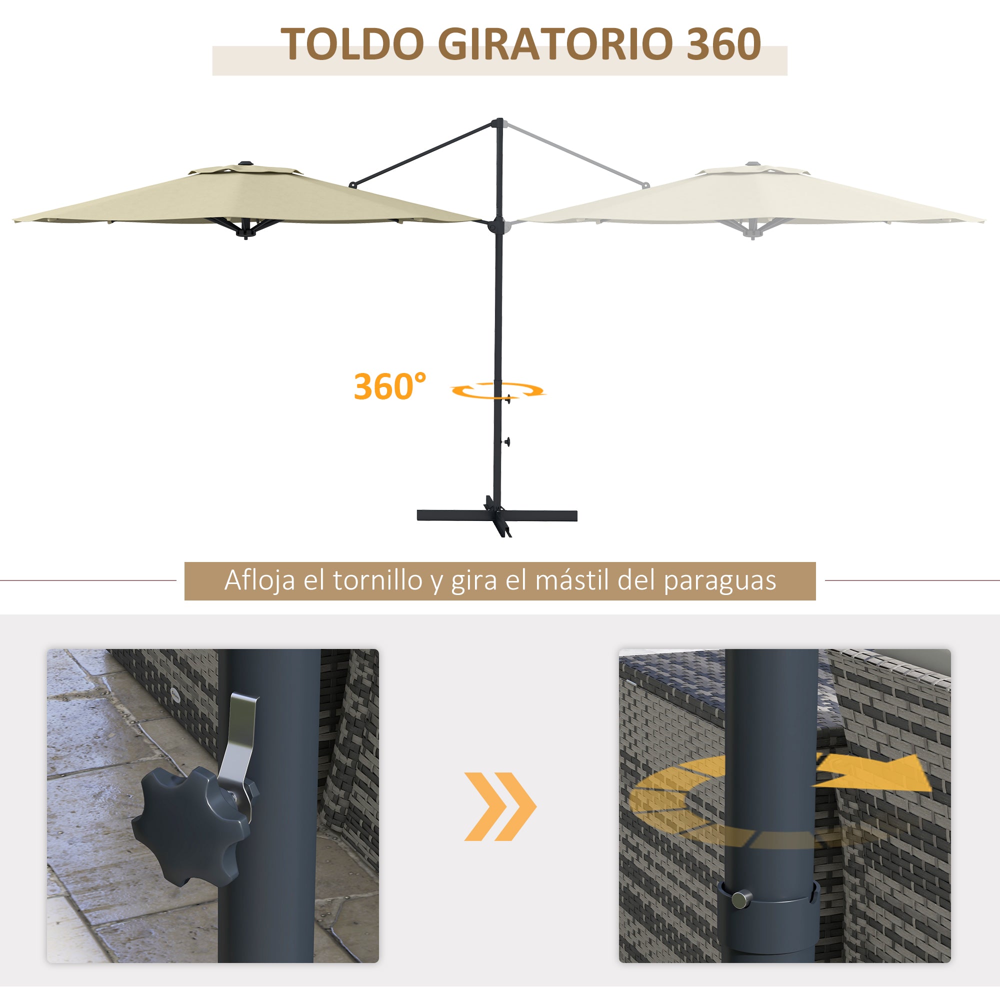 Garden Parasol Ø294x242 cm Terrace Umbrella with Adjustable Height 360° Rotating Post Adjustable Roof Angle and Top Ventilation for Patio Pool Cream