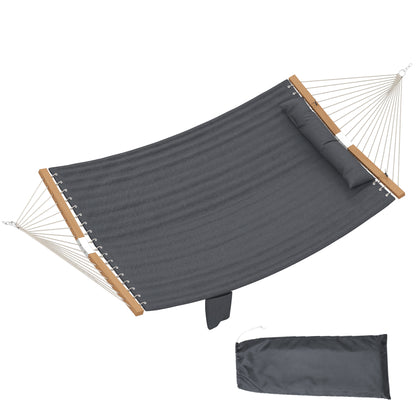 Double Quilted Outdoor Hammock with Headrest, Magazine Pocket & Beech Wood Spreaders, 200 x 140 cm (78.7 x 55 in) — Gray