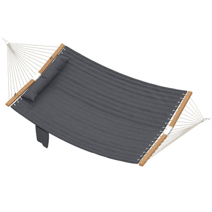 Double Quilted Outdoor Hammock with Headrest, Magazine Pocket & Beech Wood Spreaders, 200 x 140 cm (78.7 x 55 in) — Gray