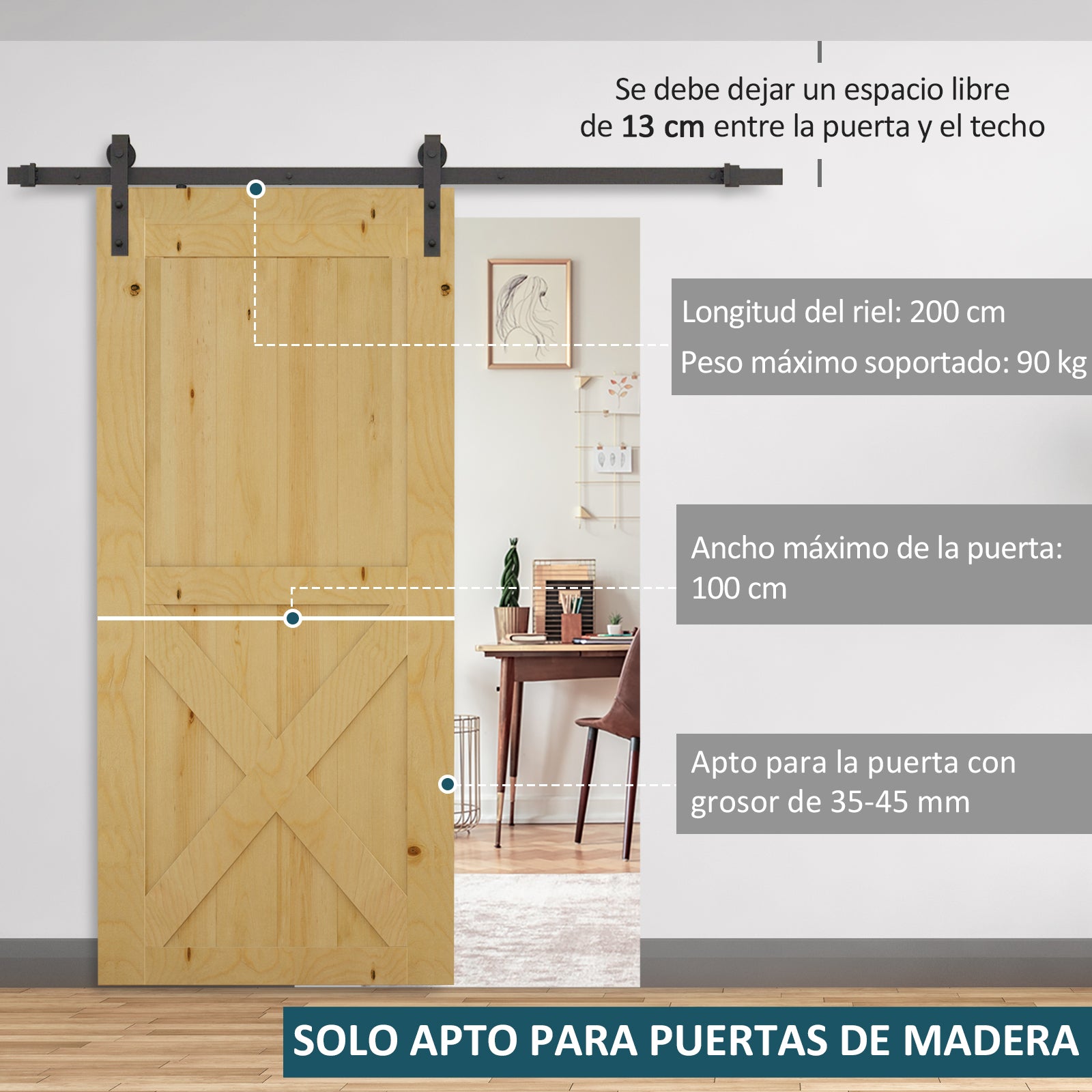 200 cm Sliding Door Hardware Kit for Wooden Door Accessories Rail Guide with Screws Max Load 90 kg Carbon Steel Brown
