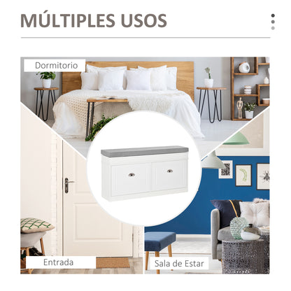 Shoe Bench Shoe Storage Bench for 8 Pairs of Shoes with 2 Drawers Adjustable Shelves and Padded Cushion for Entryway Hallway 104x24x55 cm White