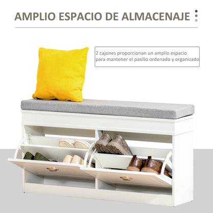 Shoe Bench Shoe Storage Bench for 8 Pairs of Shoes with 2 Drawers Adjustable Shelves and Padded Cushion for Entryway Hallway 104x24x55 cm White