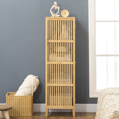 Bamboo Storage Cabinet with 4 Levels and Slatted Door Design for Bathroom Bedroom Living Room 40 x 30 x 140 cm