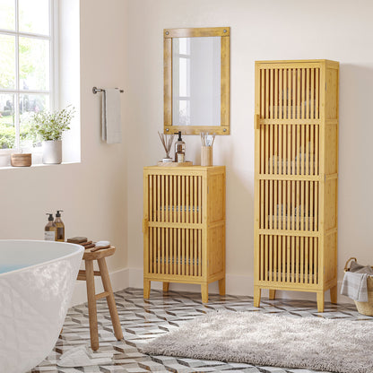 Bamboo Storage Cabinet with 4 Levels and Slatted Door Design for Bathroom Bedroom Living Room 40 x 30 x 140 cm