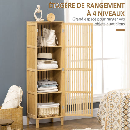 Bamboo Storage Cabinet with 4 Levels and Slatted Door Design for Bathroom Bedroom Living Room 40 x 30 x 140 cm