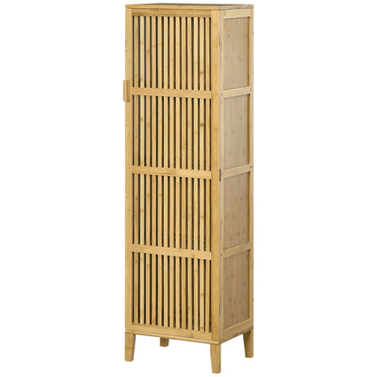 Bamboo Storage Cabinet with 4 Levels and Slatted Door Design for Bathroom Bedroom Living Room 40 x 30 x 140 cm
