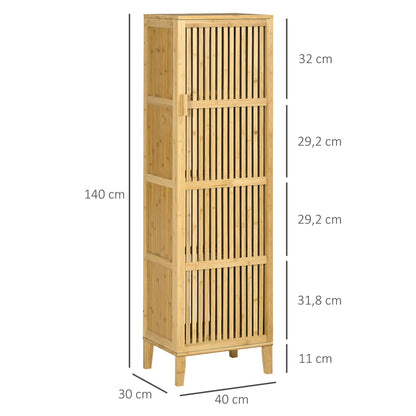 Bamboo Storage Cabinet with 4 Levels and Slatted Door Design for Bathroom Bedroom Living Room 40 x 30 x 140 cm
