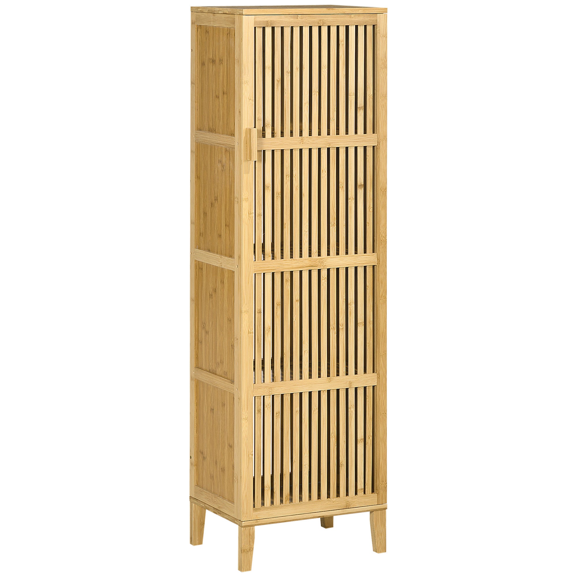 Bamboo Storage Cabinet with 4 Levels and Slatted Door Design for Bathroom Bedroom Living Room 40 x 30 x 140 cm