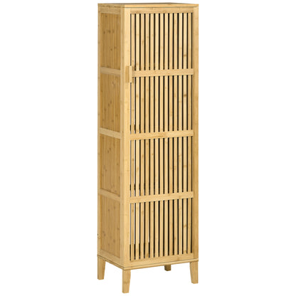 Bamboo Storage Cabinet with 4 Levels and Slatted Door Design for Bathroom Bedroom Living Room 40 x 30 x 140 cm