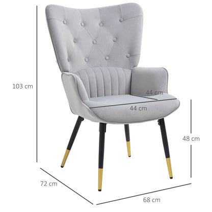Single Armchair Bedroom Armchair Living Room Armchair Upholstered in Velvet with High Back Armrests and Steel Legs Modern Style 68x72x103 cm Gray