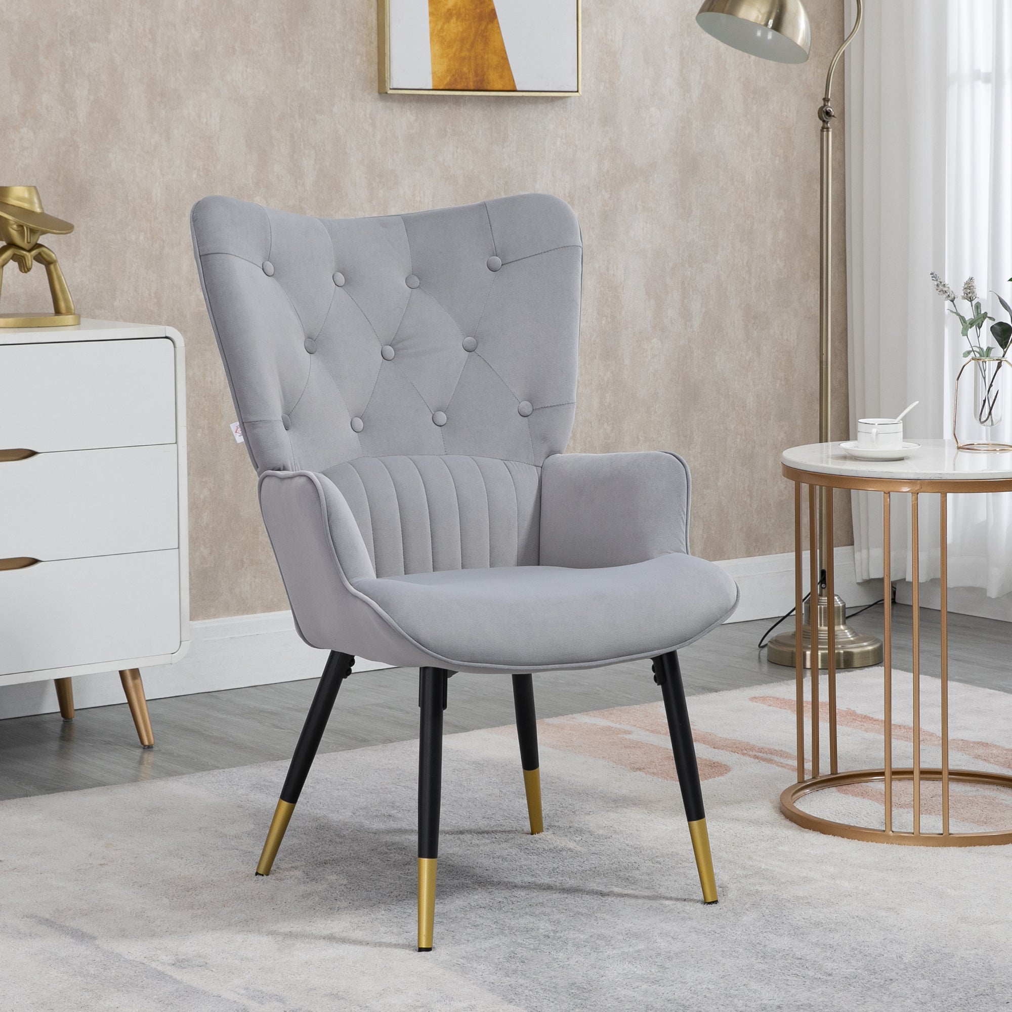 Single Armchair Bedroom Armchair Living Room Armchair Upholstered in Velvet with High Back Armrests and Steel Legs Modern Style 68x72x103 cm Gray