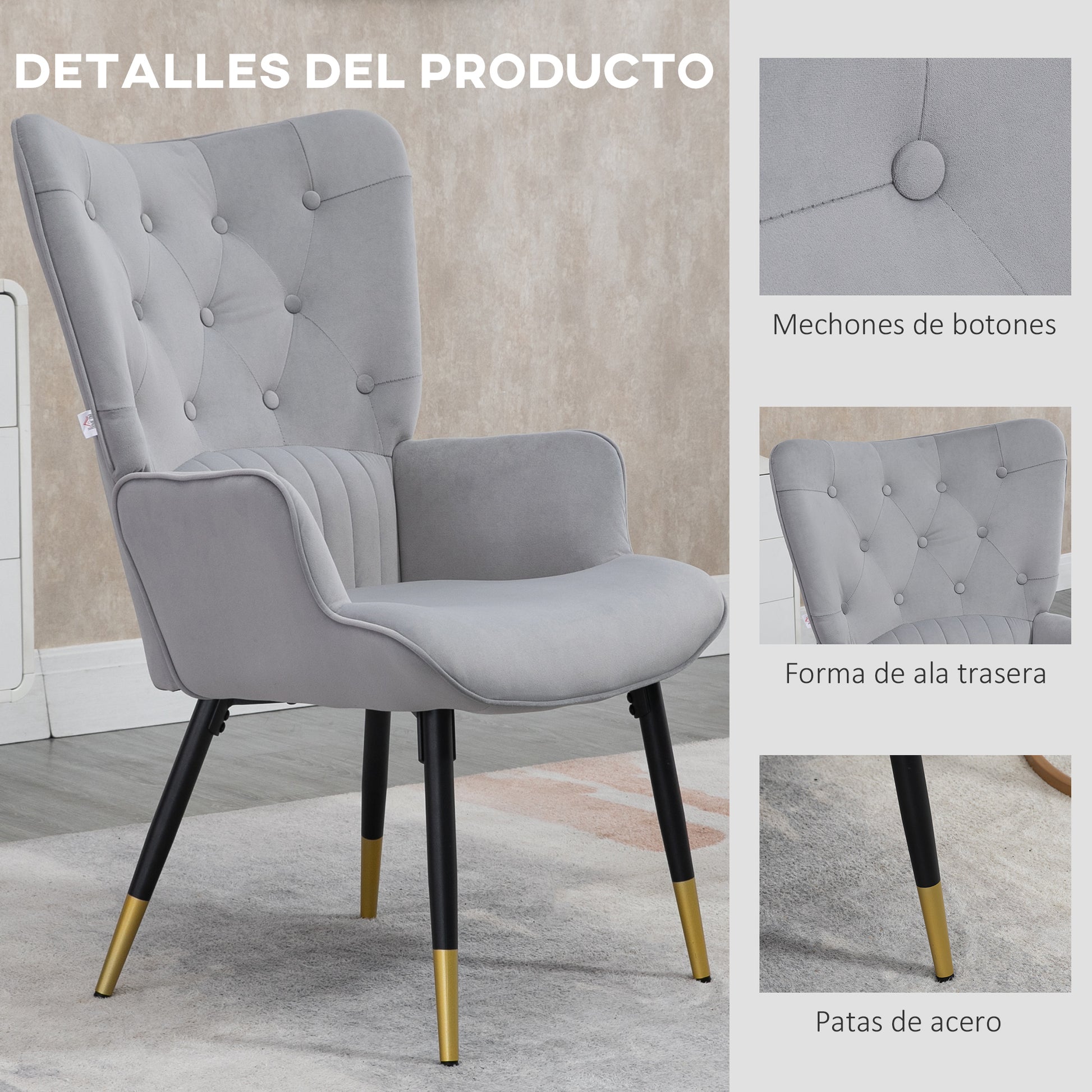 Single Armchair Bedroom Armchair Living Room Armchair Upholstered in Velvet with High Back Armrests and Steel Legs Modern Style 68x72x103 cm Gray