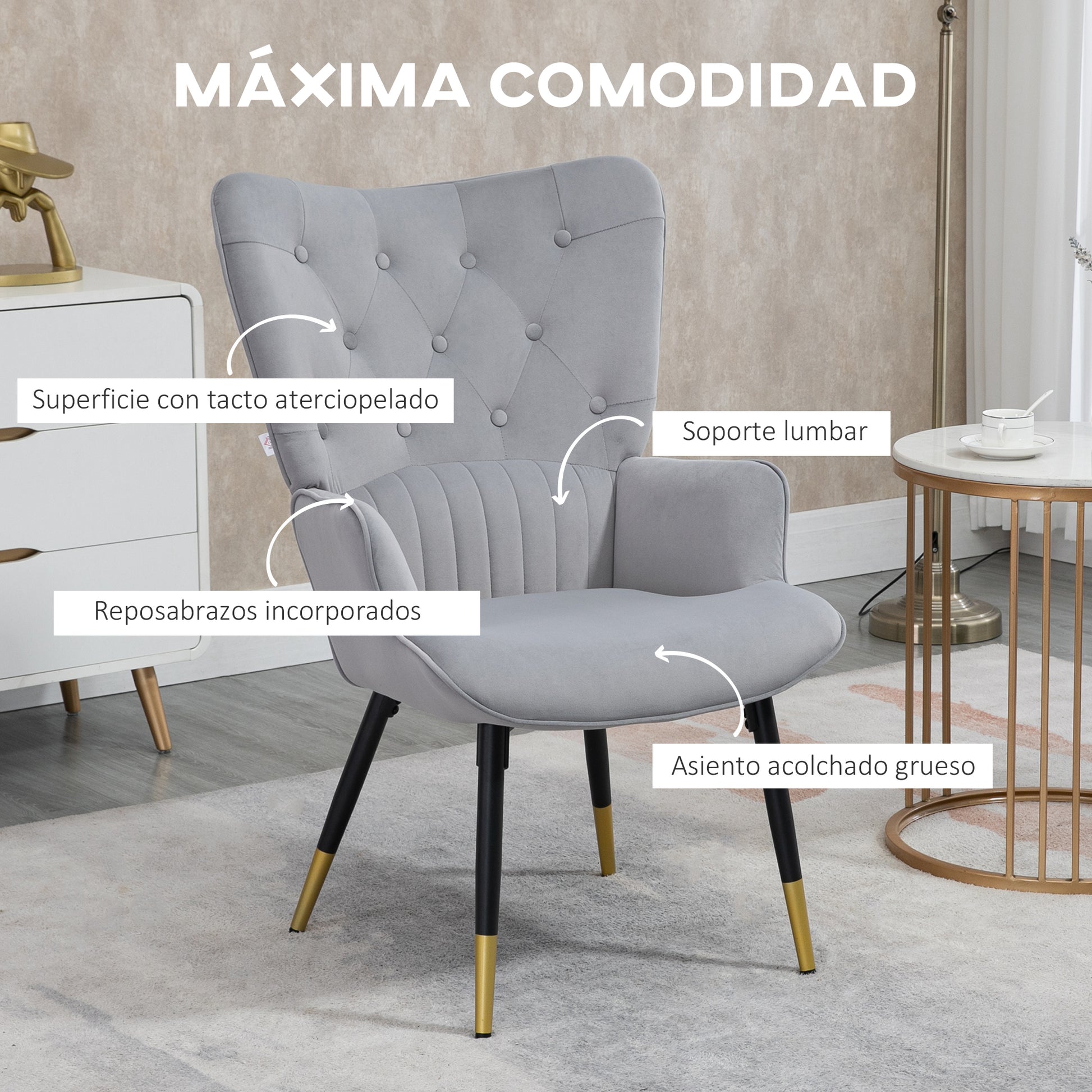 Single Armchair Bedroom Armchair Living Room Armchair Upholstered in Velvet with High Back Armrests and Steel Legs Modern Style 68x72x103 cm Gray