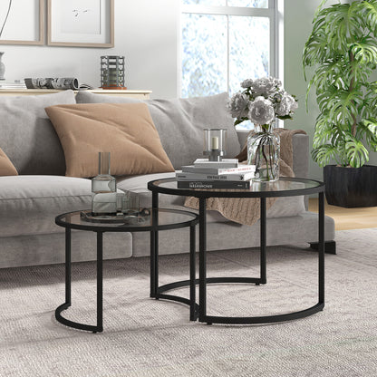 Coffee Table Round 2-Piece Set Side Table with Tempered Glass Tabletop, Partially Stackable Living Room Table Coffee Table for Living Room Bedroom