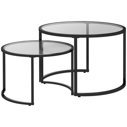 Coffee Table Round 2-Piece Set Side Table with Tempered Glass Tabletop, Partially Stackable Living Room Table Coffee Table for Living Room Bedroom