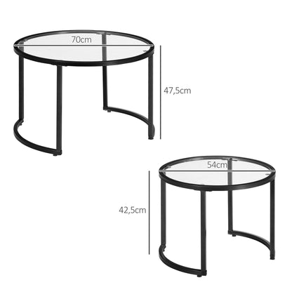 Coffee Table Round 2-Piece Set Side Table with Tempered Glass Tabletop, Partially Stackable Living Room Table Coffee Table for Living Room Bedroom