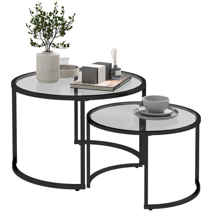 Coffee Table Round 2-Piece Set Side Table with Tempered Glass Tabletop, Partially Stackable Living Room Table Coffee Table for Living Room Bedroom