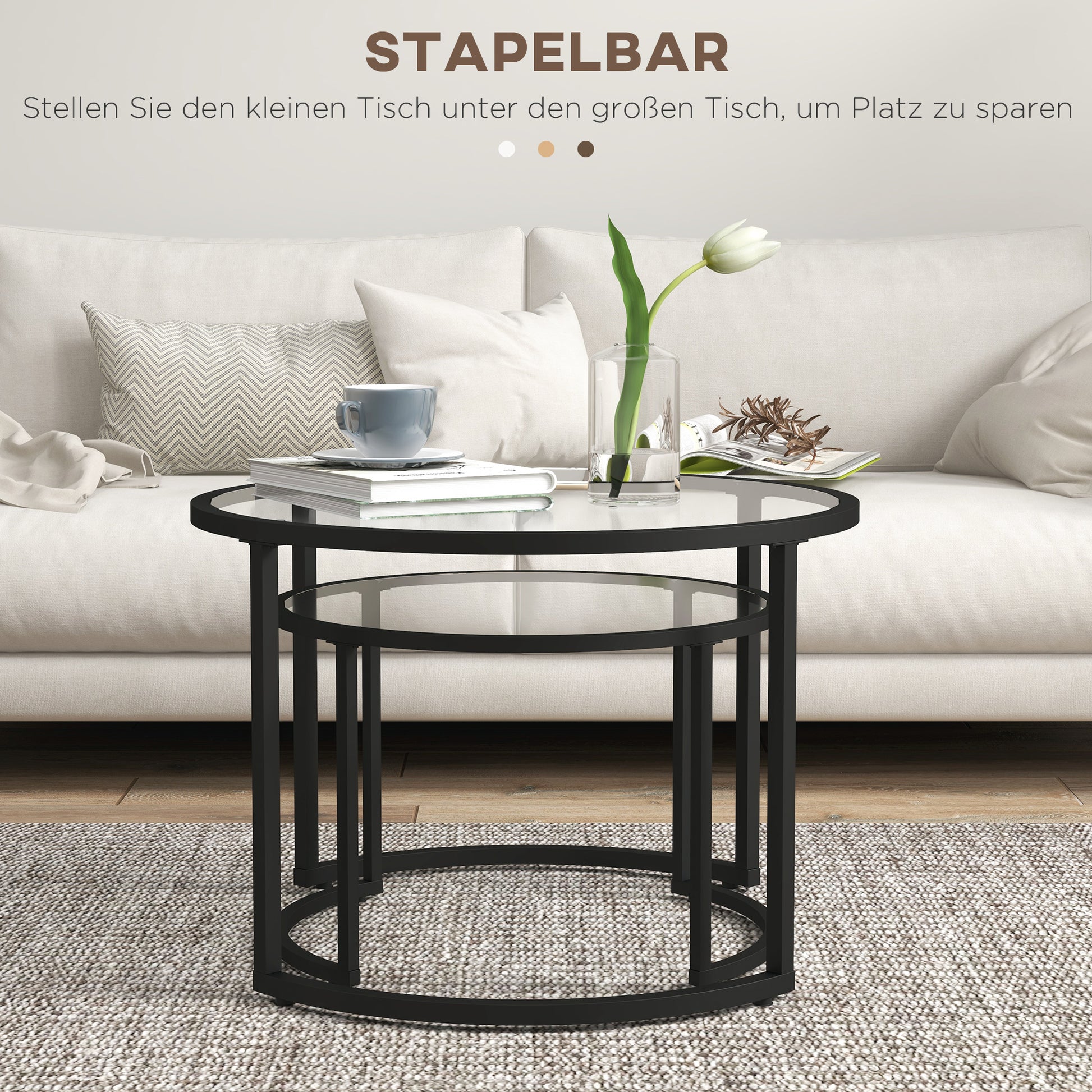 Coffee Table Round 2-Piece Set Side Table with Tempered Glass Tabletop, Partially Stackable Living Room Table Coffee Table for Living Room Bedroom