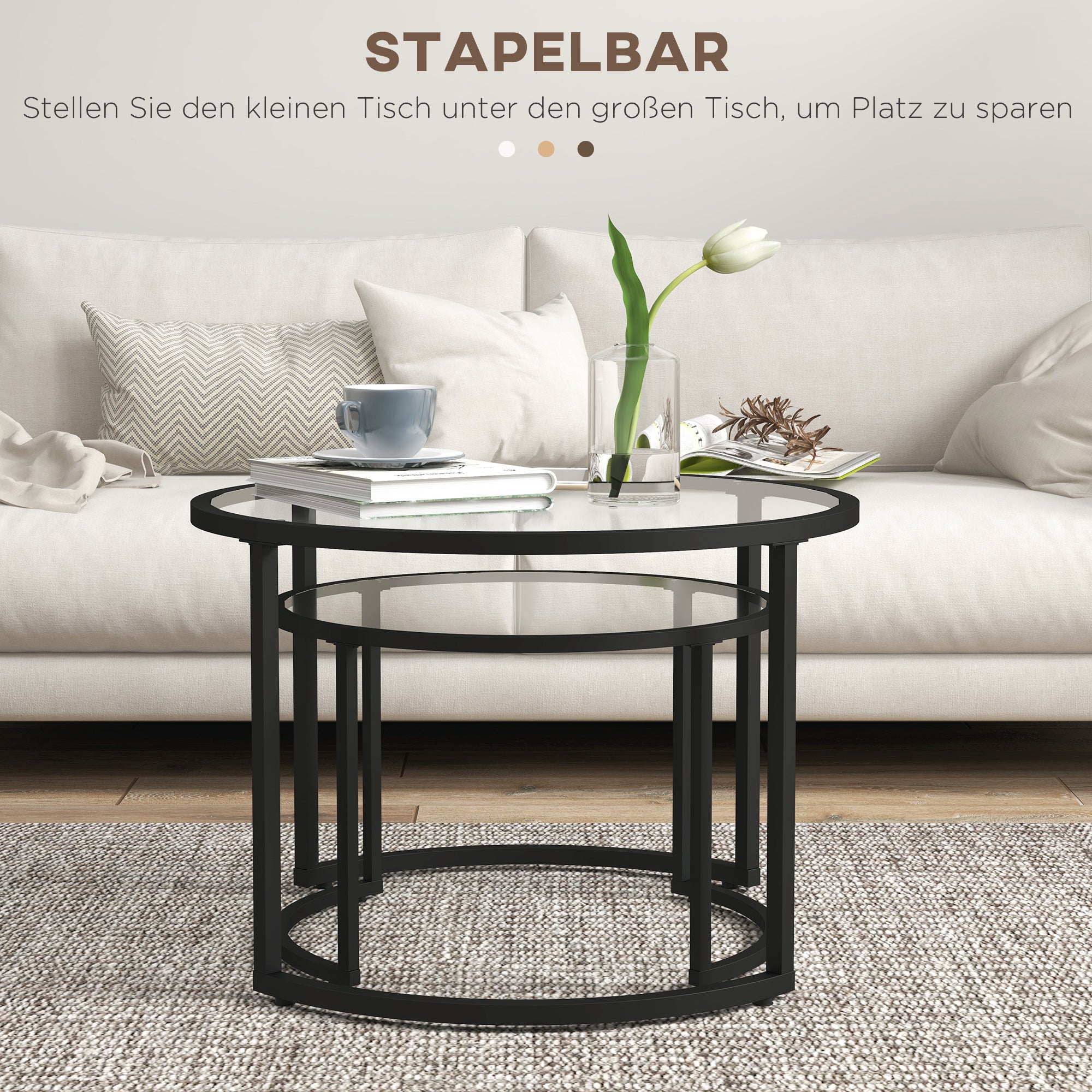Coffee Table Round 2-Piece Set Side Table with Tempered Glass Tabletop, Partially Stackable Living Room Table Coffee Table for Living Room Bedroom