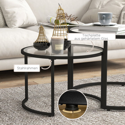 Coffee Table Round 2-Piece Set Side Table with Tempered Glass Tabletop, Partially Stackable Living Room Table Coffee Table for Living Room Bedroom