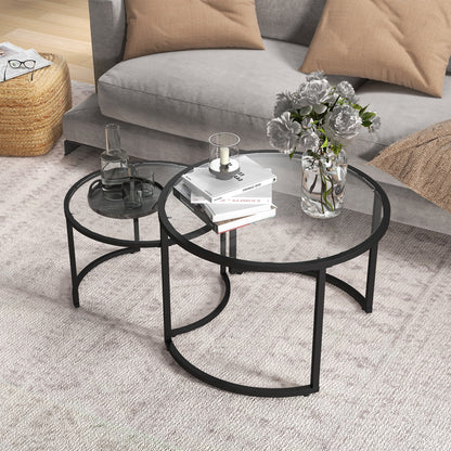 Coffee Table Round 2-Piece Set Side Table with Tempered Glass Tabletop, Partially Stackable Living Room Table Coffee Table for Living Room Bedroom