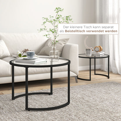 Coffee Table Round 2-Piece Set Side Table with Tempered Glass Tabletop, Partially Stackable Living Room Table Coffee Table for Living Room Bedroom