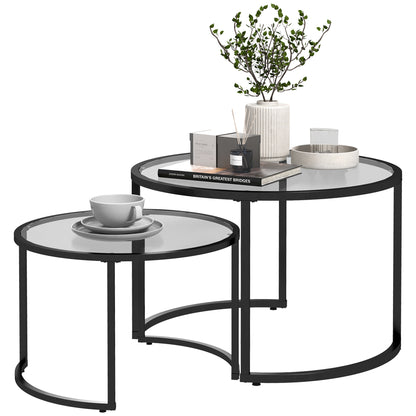 Coffee Table Round 2-Piece Set Side Table with Tempered Glass Tabletop, Partially Stackable Living Room Table Coffee Table for Living Room Bedroom
