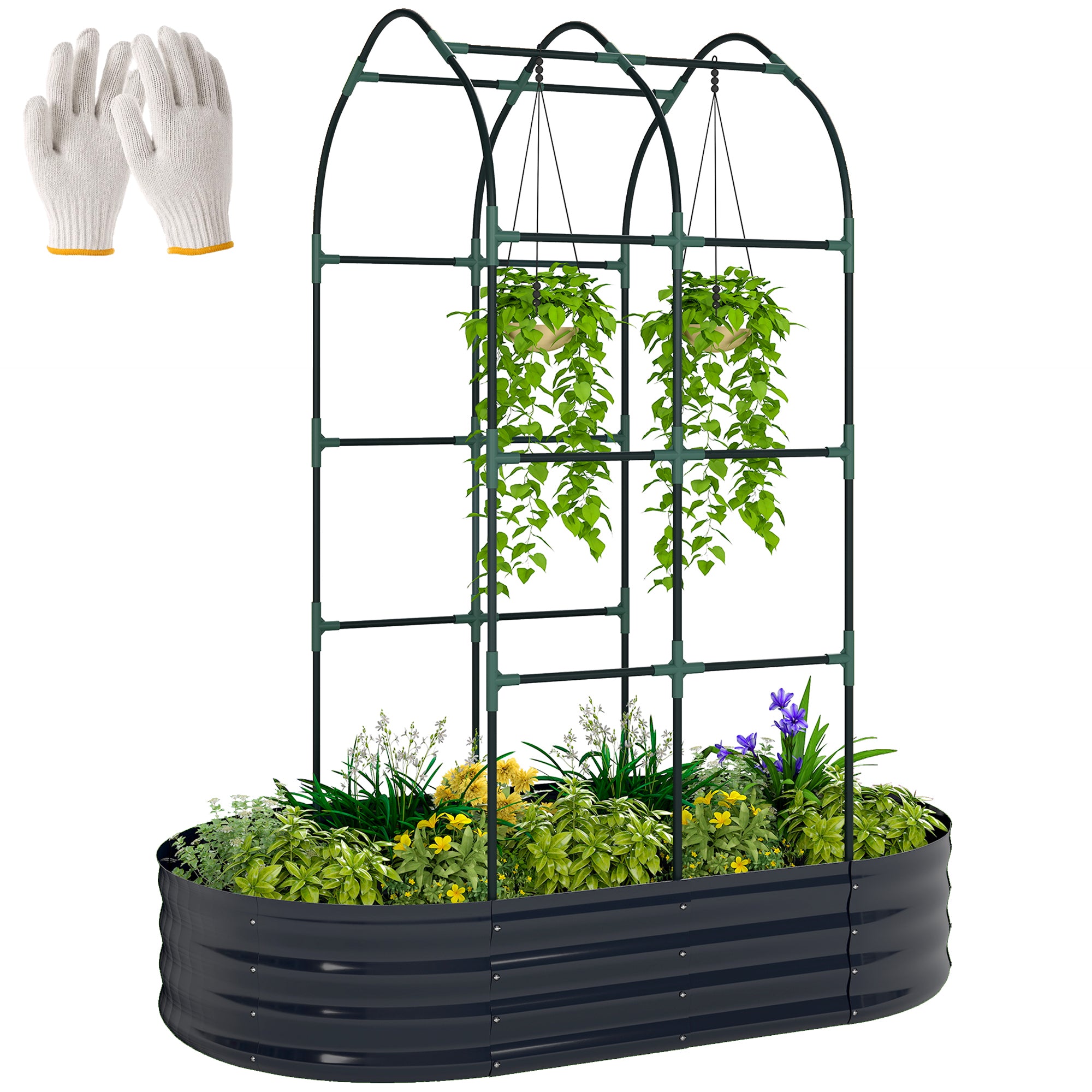 Raised Bed with Trellis, Metal Planter with Gloves — Garden Bed, Low Greenhouse, Herb Bed with Trellis for Climbing Vegetables & Flowers, 160 x 90 x 180 cm (63 x 35 x 71 in), Dark Gray