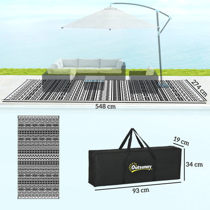 Outdoor Carpet Robust Weatherproof Outdoor Carpet, Foldable Carpet with Boho Style, Outdoor Carpet for Living Room Balcony Garden Terrace Bathroom Hallway Kitchen, 548 x 274 cm Black+White