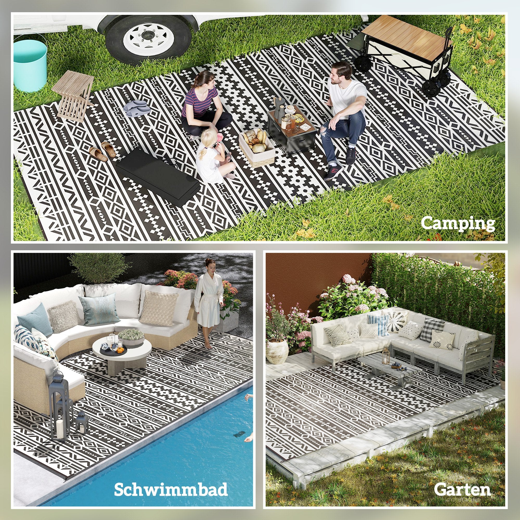 Outdoor Carpet Robust Weatherproof Outdoor Carpet, Foldable Carpet with Boho Style, Outdoor Carpet for Living Room Balcony Garden Terrace Bathroom Hallway Kitchen, 548 x 274 cm Black+White
