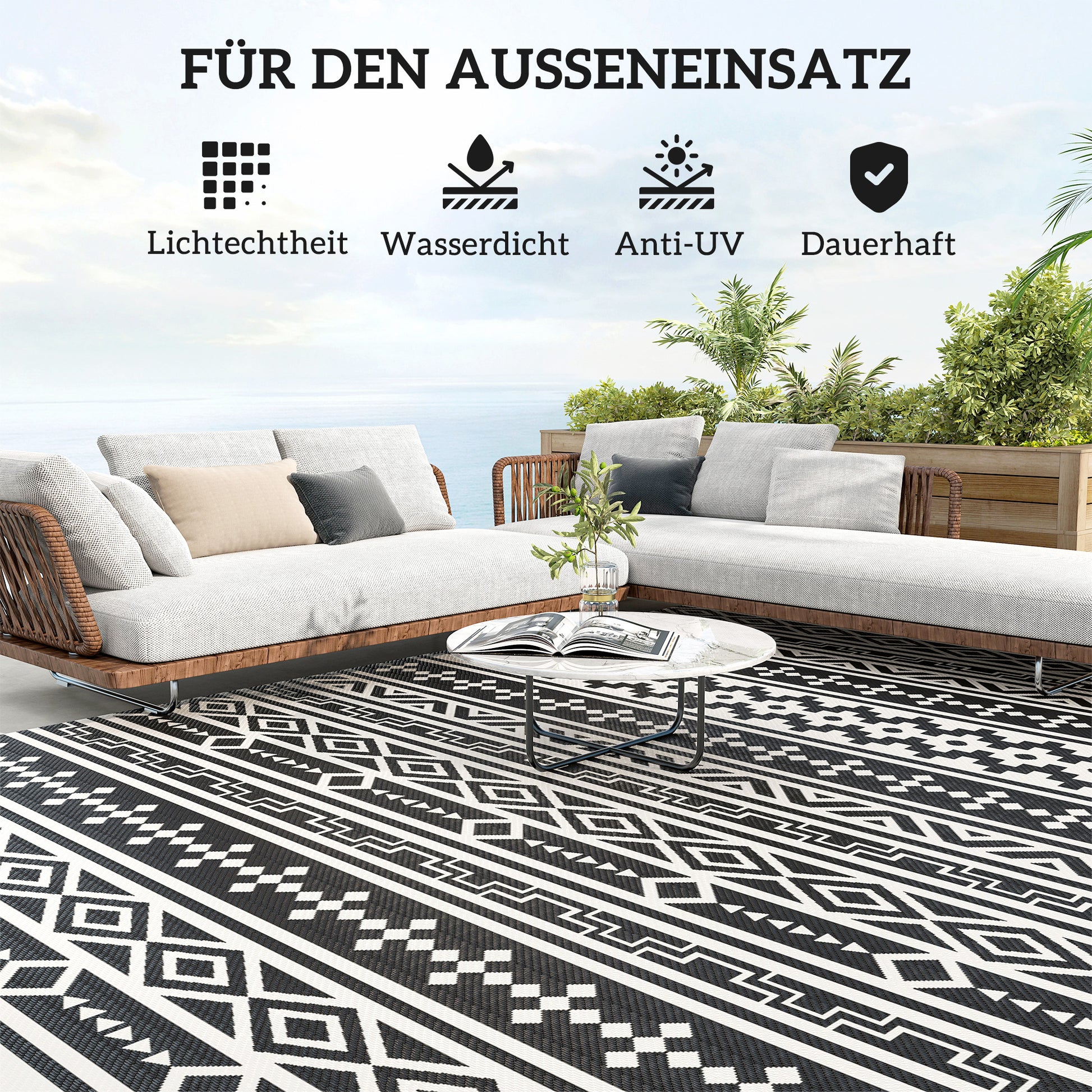 Outdoor Carpet Robust Weatherproof Outdoor Carpet, Foldable Carpet with Boho Style, Outdoor Carpet for Living Room Balcony Garden Terrace Bathroom Hallway Kitchen, 548 x 274 cm Black+White