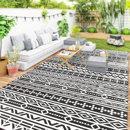 Outdoor Carpet Robust Weatherproof Outdoor Carpet, Foldable Carpet with Boho Style, Outdoor Carpet for Living Room Balcony Garden Terrace Bathroom Hallway Kitchen, 548 x 274 cm Black+White