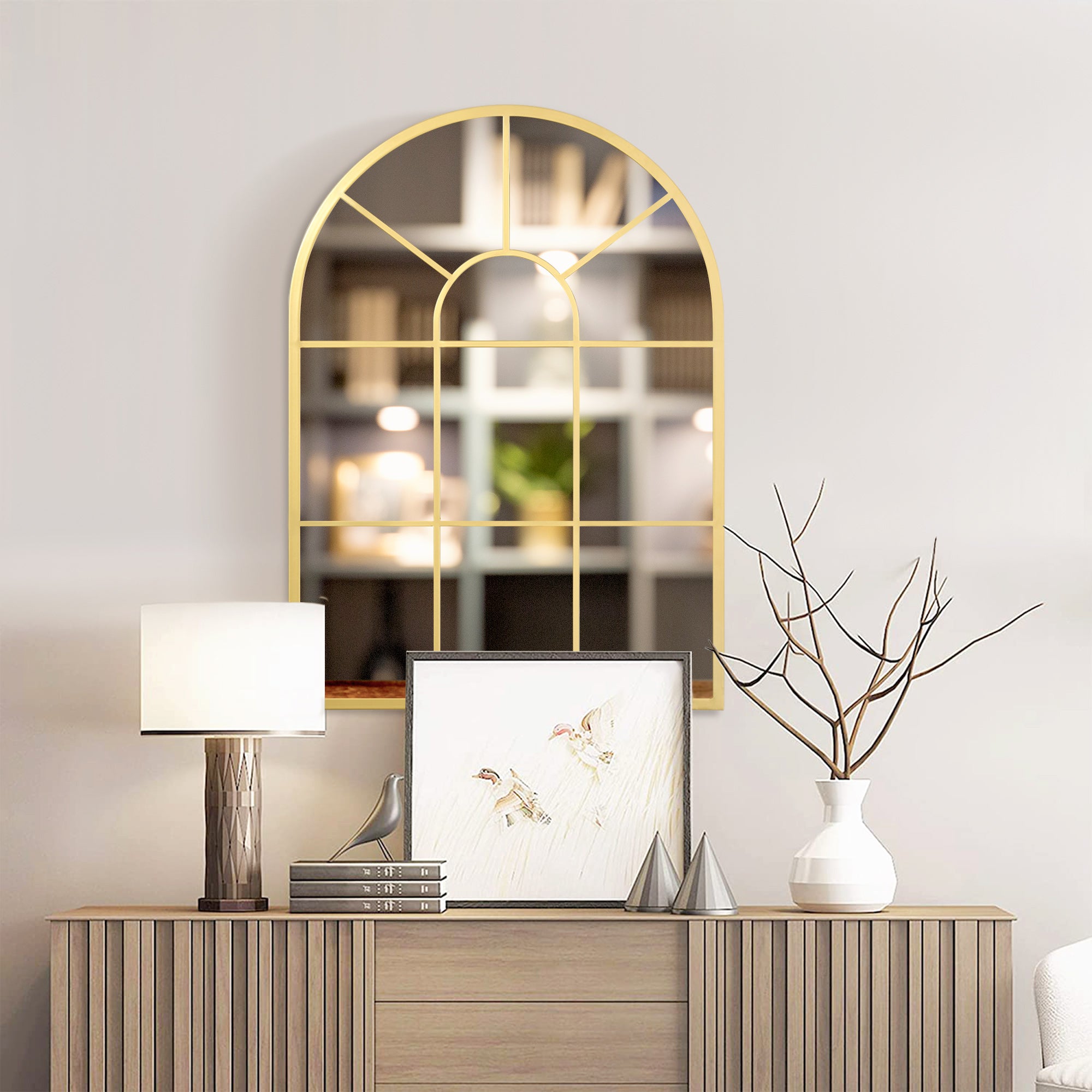 Wall Mirror 70 x 50 cm Window Mirror with Metal Frame Decorative Hanging Mirror for Bedroom Living Room, Gold