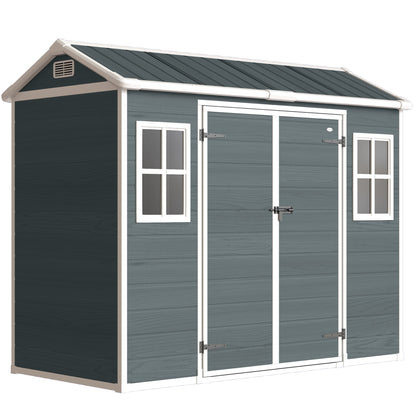 30 sq ft Wood-Effect Plastic Garden Shed — 244 × 131 × 201 cm (8'0" × 4'4" × 6'7") • Gable Roof, Double Doors, Windows, Ventilation, Floor, Lock & Gloves