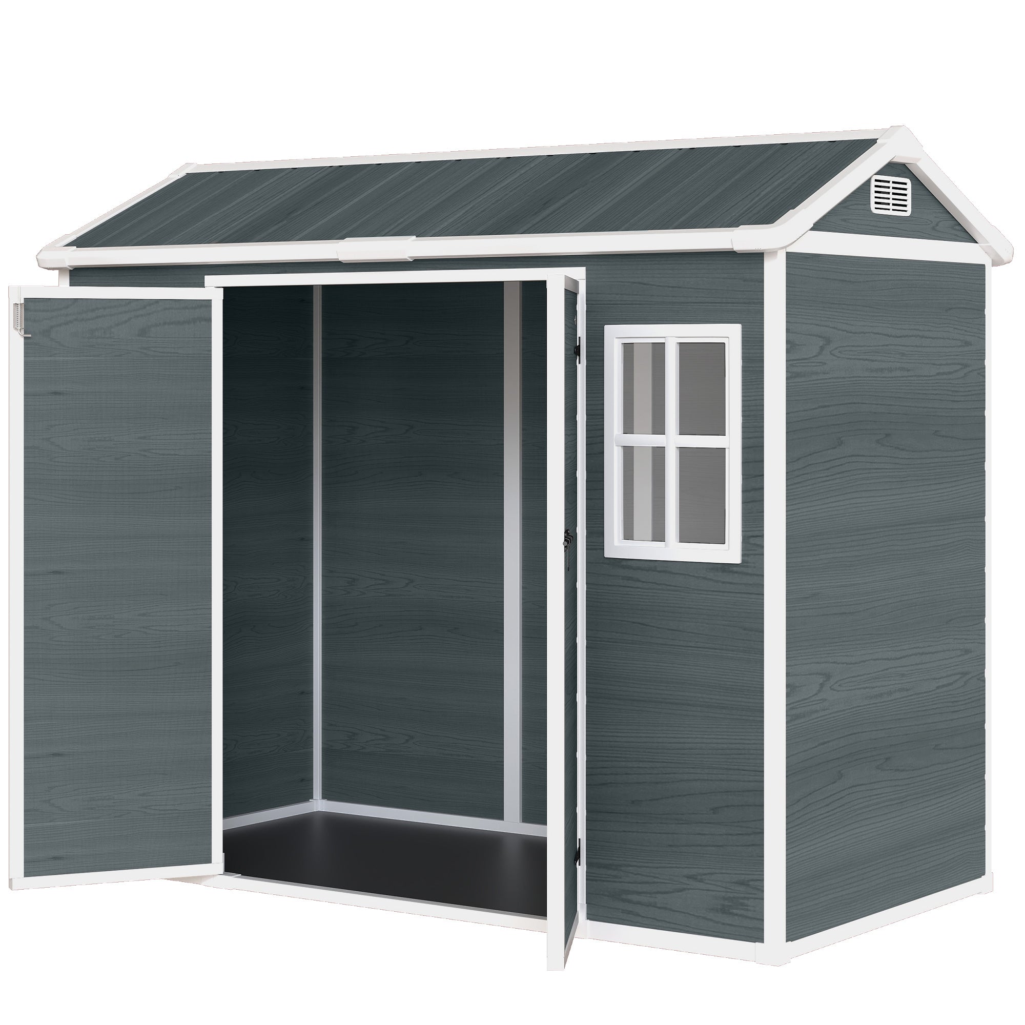 30 sq ft Wood-Effect Plastic Garden Shed — 244 × 131 × 201 cm (8'0" × 4'4" × 6'7") • Gable Roof, Double Doors, Windows, Ventilation, Floor, Lock & Gloves