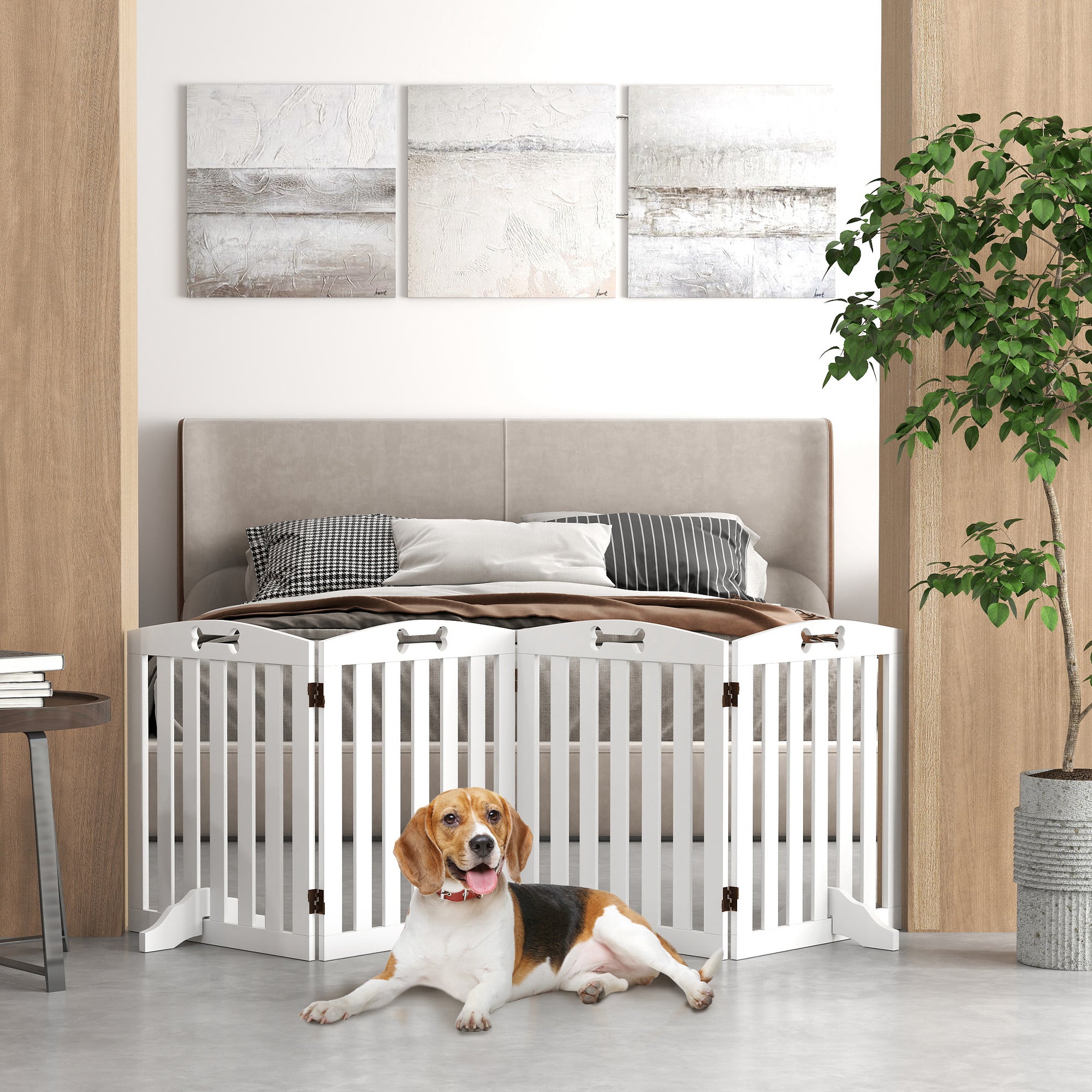 Dog Barrier, 4-panel, 207.5 x 61 cm Folding Door Guard with 2 Support Feet, Freestanding Dog Barrier, Stair Gate for Medium Dogs, for Hallway, Stairs, White