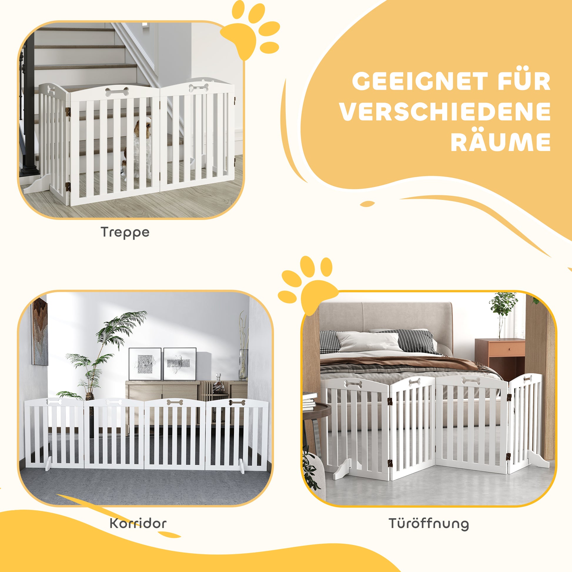 Dog Barrier, 4-panel, 207.5 x 61 cm Folding Door Guard with 2 Support Feet, Freestanding Dog Barrier, Stair Gate for Medium Dogs, for Hallway, Stairs, White