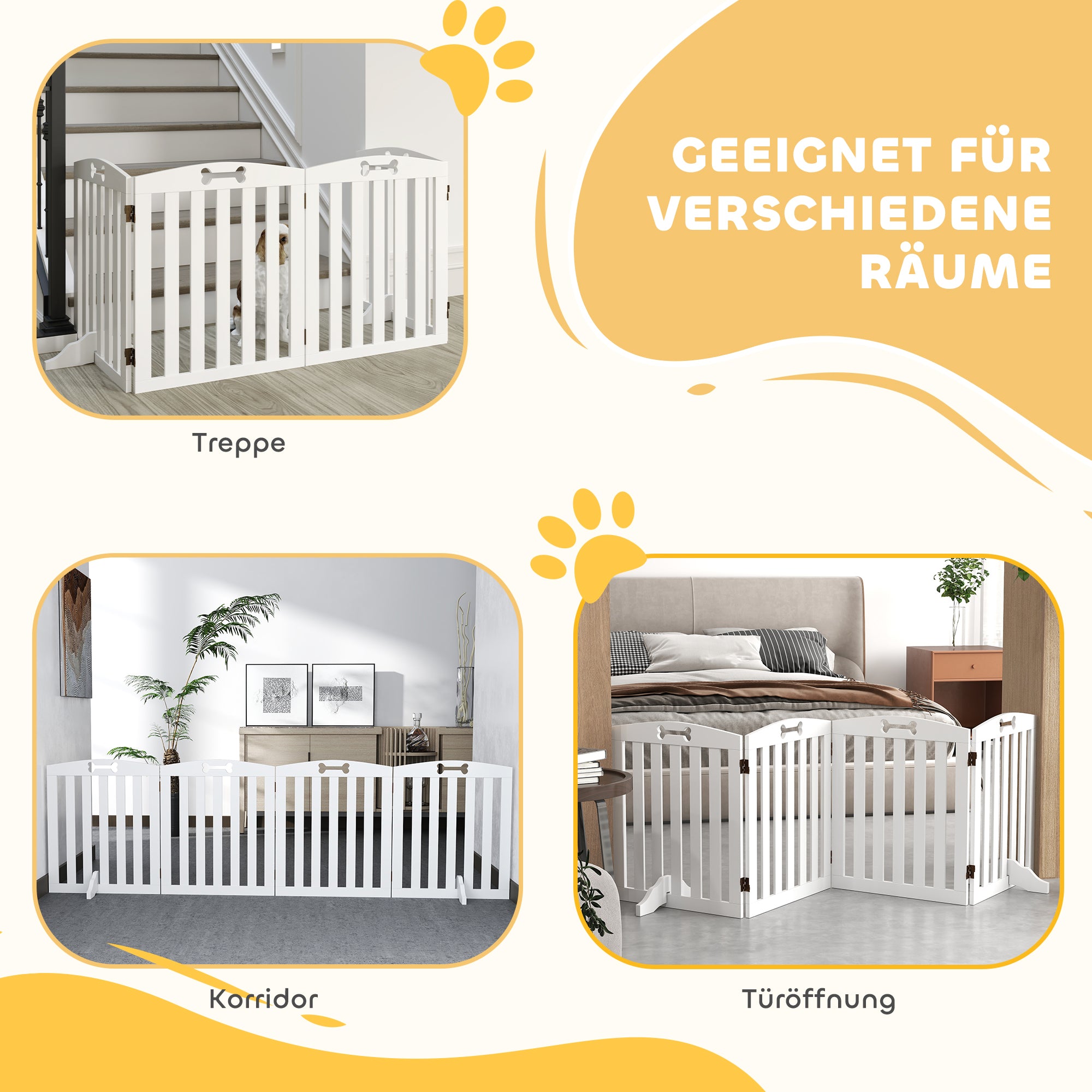 Dog Barrier, 4-panel, 207.5 x 61 cm Folding Door Guard with 2 Support Feet, Freestanding Dog Barrier, Stair Gate for Medium Dogs, for Hallway, Stairs, White