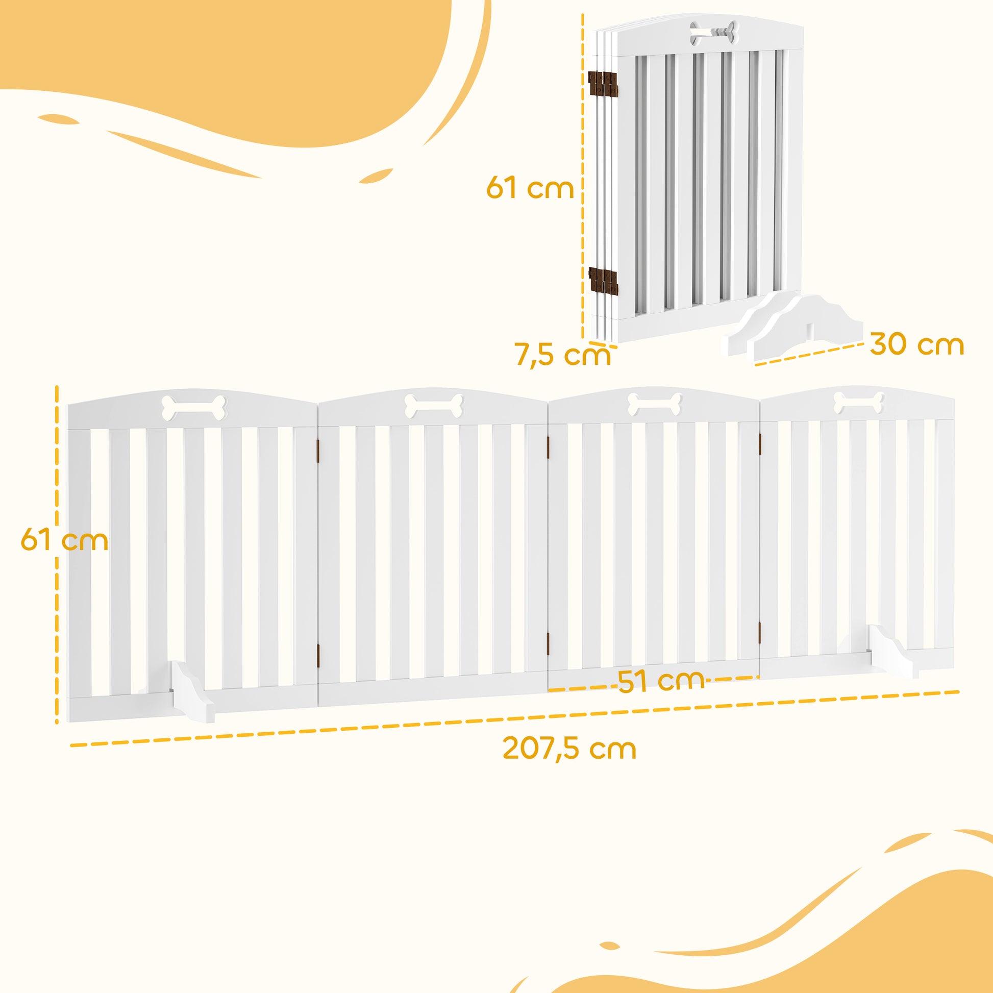 Dog Barrier, 4-panel, 207.5 x 61 cm Folding Door Guard with 2 Support Feet, Freestanding Dog Barrier, Stair Gate for Medium Dogs, for Hallway, Stairs, White