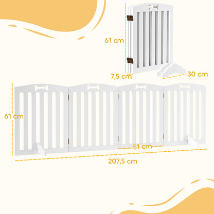 Dog Barrier, 4-panel, 207.5 x 61 cm Folding Door Guard with 2 Support Feet, Freestanding Dog Barrier, Stair Gate for Medium Dogs, for Hallway, Stairs, White
