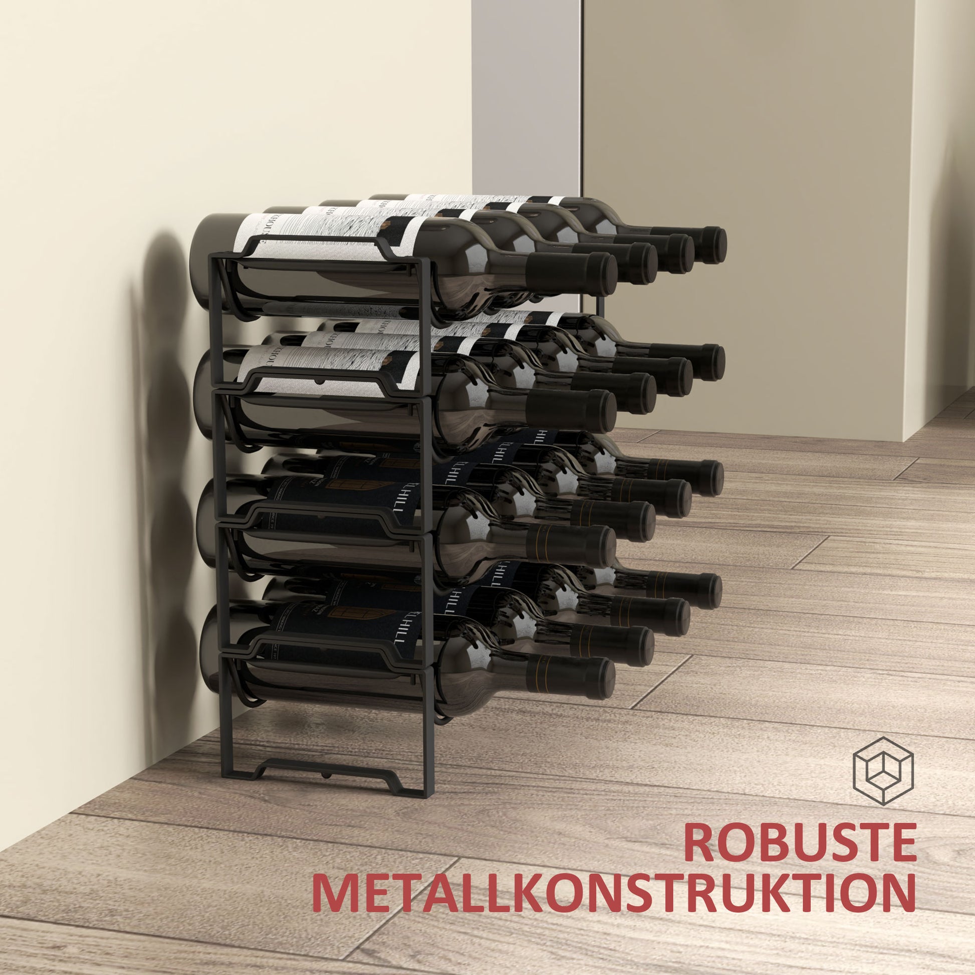 Wine Rack Bottle Rack for 16 Wine Bottles, Bottle Holder Storage Rack made of Metal, Wine Bottle Rack for Kitchen, Dining Room Black