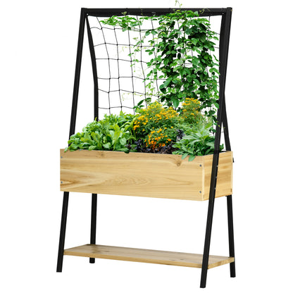 Raised Garden Bed with Trellis, Planter Box with Shelf, Plant Pot with Fleece Interior Lining, Planter Box, for Patio, Balcony, Natural, 80 x 30 x 125 cm