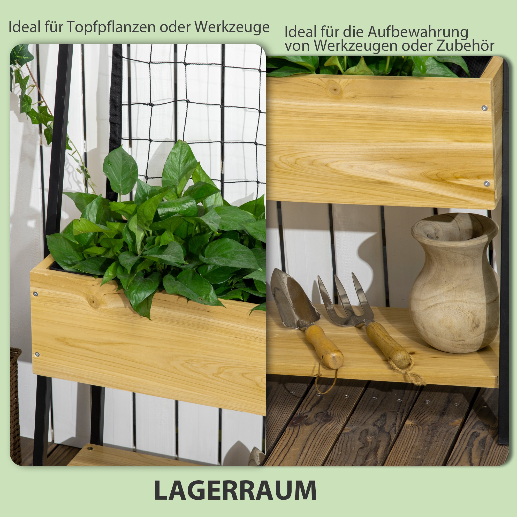 Raised Garden Bed with Trellis, Planter Box with Shelf, Plant Pot with Fleece Interior Lining, Planter Box, for Patio, Balcony, Natural, 80 x 30 x 125 cm