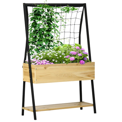 Raised Garden Bed with Trellis, Planter Box with Shelf, Plant Pot with Fleece Interior Lining, Planter Box, for Patio, Balcony, Natural, 80 x 30 x 125 cm
