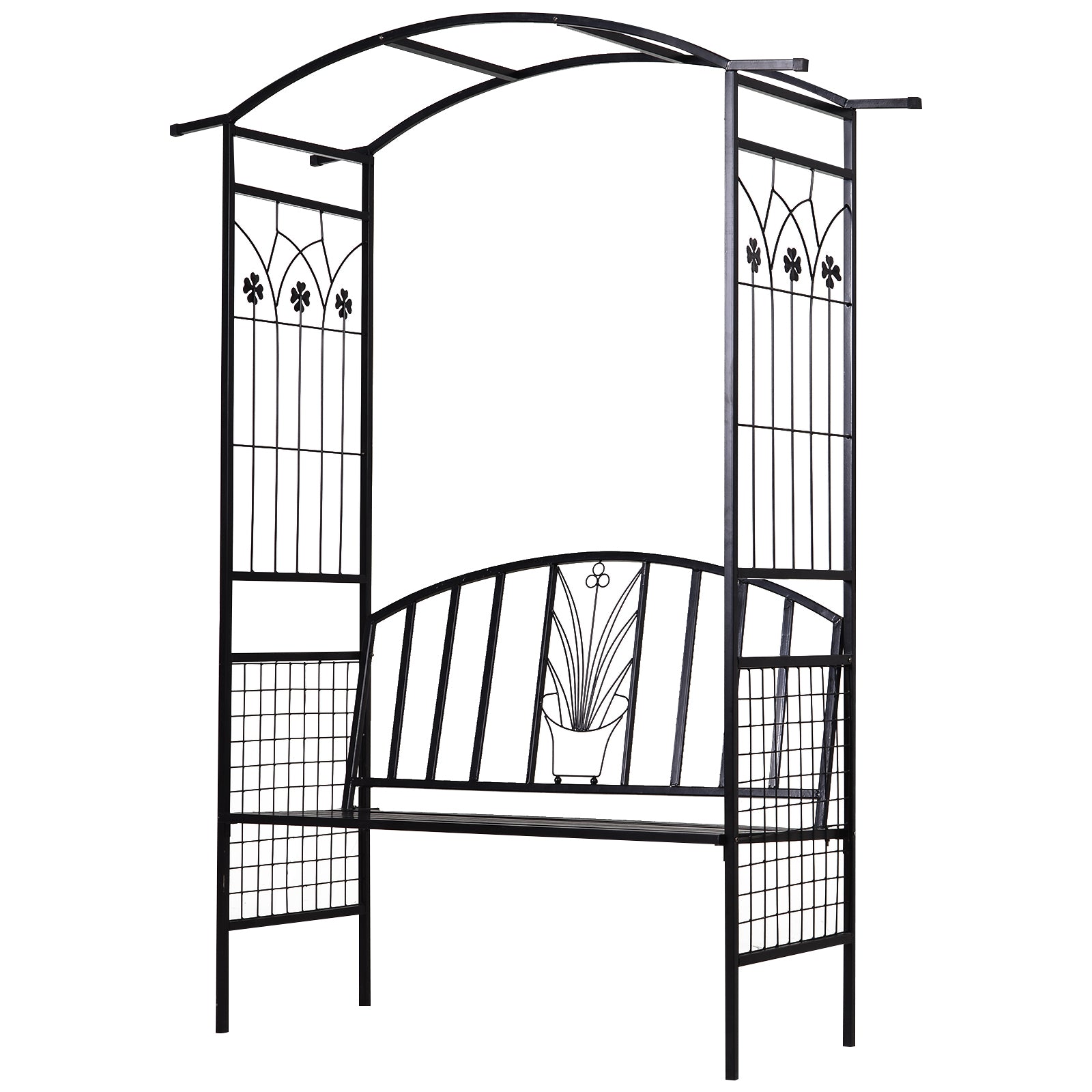 Arch with Bench Seat Bench Arch Trellis Climbing Aid Garden Metal Black 154 x 60 x 205 cm