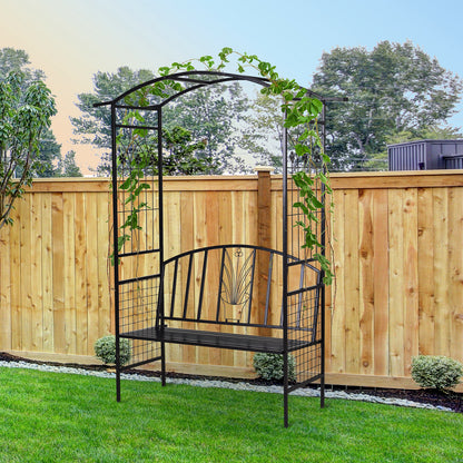 Arch with Bench Seat Bench Arch Trellis Climbing Aid Garden Metal Black 154 x 60 x 205 cm
