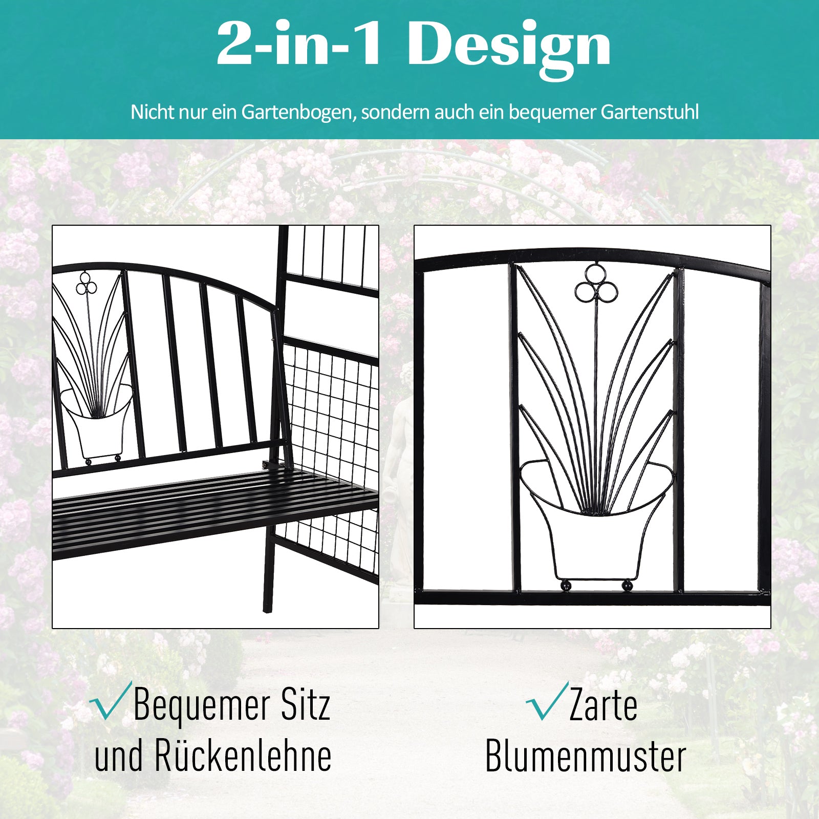 Arch with Bench Seat Bench Arch Trellis Climbing Aid Garden Metal Black 154 x 60 x 205 cm