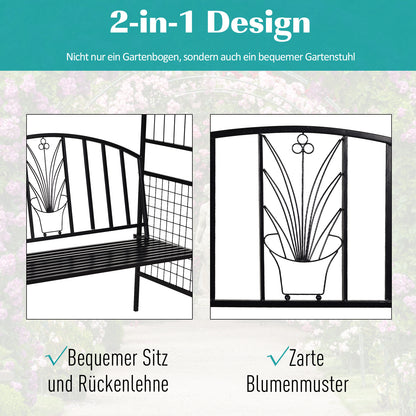Arch with Bench Seat Bench Arch Trellis Climbing Aid Garden Metal Black 154 x 60 x 205 cm