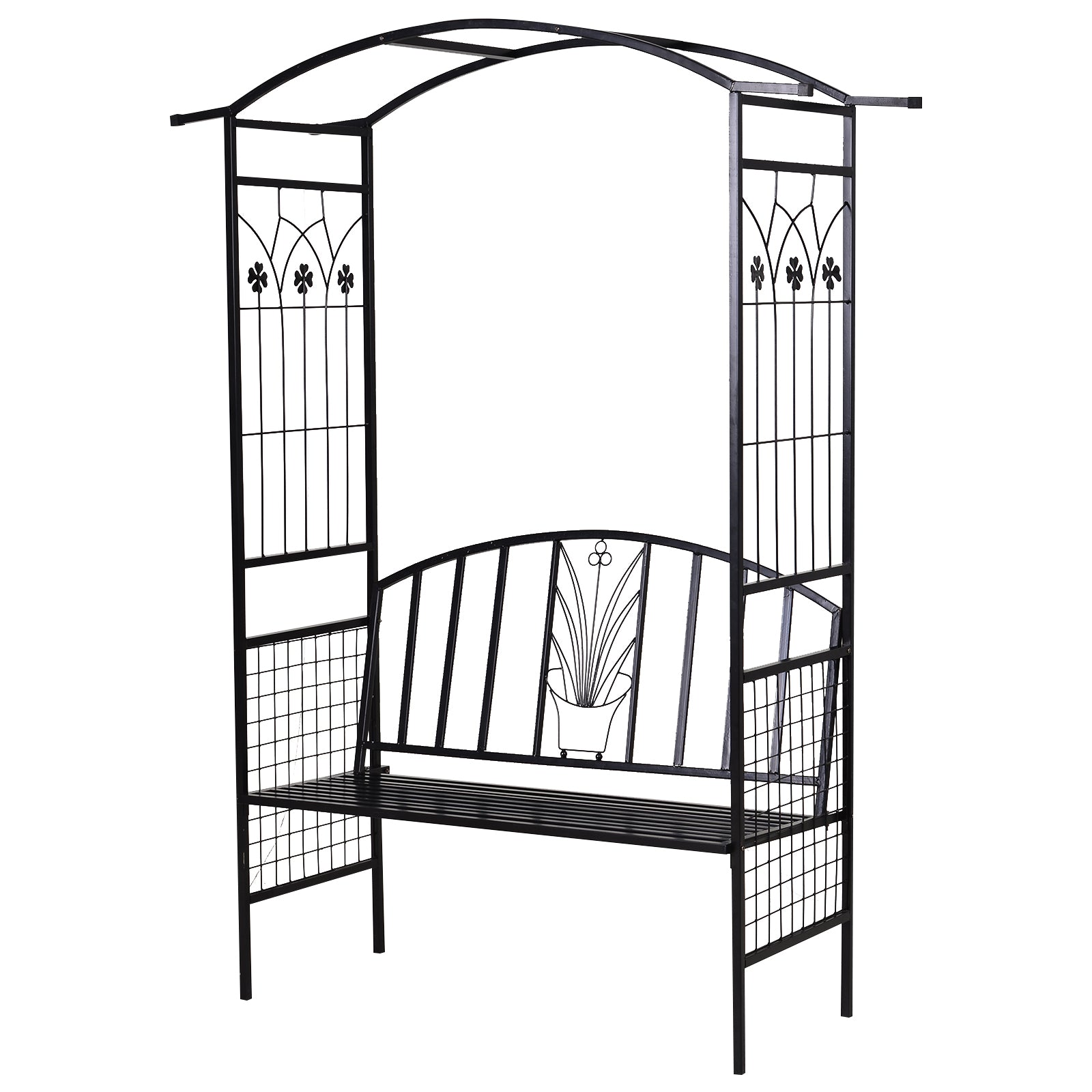 Arch with Bench Seat Bench Arch Trellis Climbing Aid Garden Metal Black 154 x 60 x 205 cm